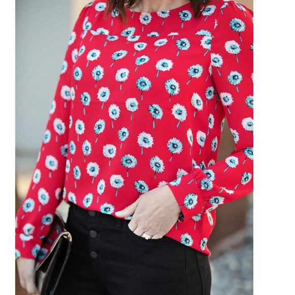 J. Crew Red Longfellow Floral Boatneck Top Blouse XS Red Long Sleeve K4901 - Picture 2 of 12